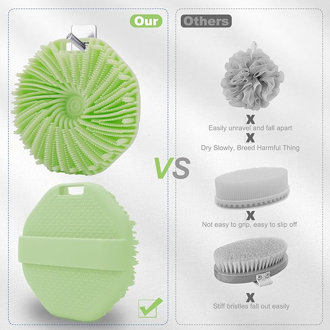 Silicone Body Scrubber, Exfoliating Body Scrubber for All Skin Types, Handheld Shower Brush with Rich Lathering and Easy Cleaning (Green)