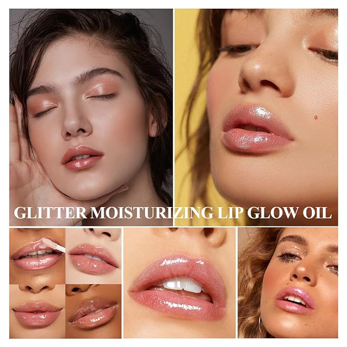 3Pcs Glitter Lip Oil,Moisturizing Lip Glow Oil Big Brush Head Long Lasting Hydrating Shimmery Transparent,Glass Lip Glow Oil Non-sticky Shiny Primer Plumping Lip Gloss