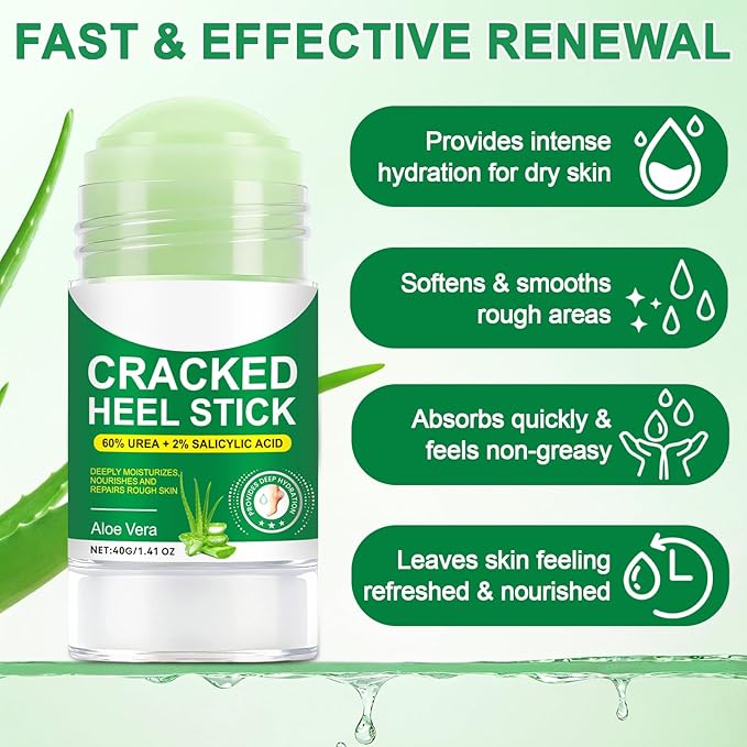 Heel Balm for Dry Cracked Feet (Aloe Vera), Urea Cream 60% Foot Balm Stick for Cracked Heel Repair - Moisturizes, Exfoliates, and Softens Dry, Thickened Skin, Callus Remover for Feet