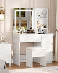 Makeup Vanity Desk with Lighted Mirror, Dressing Table Set with 4 Drawers, Power Outlet, Storage Stool, Storage Shelves, Vanity Mirror 3 Lighting Color Adjustable, Vanity Set for Bedroom, White