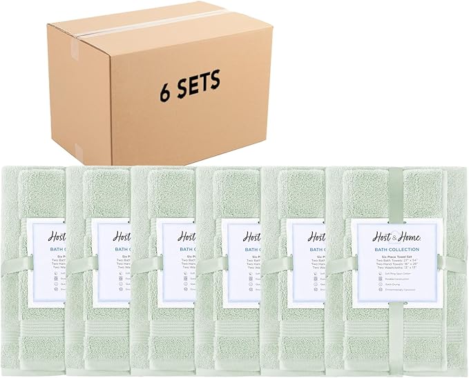 Arkwright Bath Towels Set of 6 - (Pack of 6) Super Soft 100% Cotton, 600 GSM Quick Dry & Absorbent, Luxury Bathroom Essentials with 12 Shower Towels, 12 Hand Towels and 12 Washcloths, Eucalyptus Green