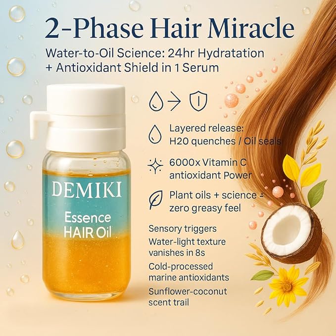 DEMIKI Hair Oil For Frizzy Hair With Coconut Oil - Hair Treatment For Dry Damaged Hair, Hair Perfume Oil For Curly Hair, Frizz Control Hair Care Products, Mini Bottles Hair Oil For Damaged Hair, 12pcs