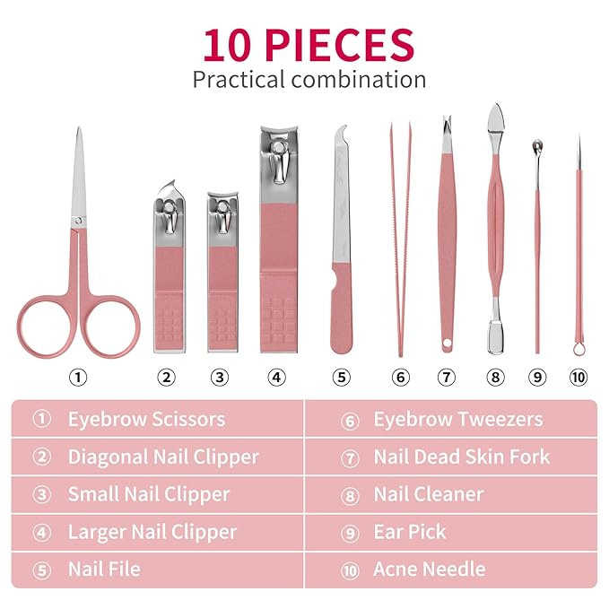 ZIZZON Travel Mini Manicure Set Nail Clipper Set 10 in 1 Stainless Steel Pedicure Care Grooming kit with Case Pink