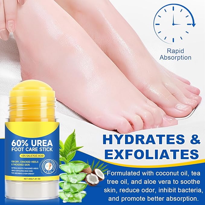 Urea Cream 60% Foot Balm Stick for Cracked Heels - Moisturizes, Exfoliates, and Softens Dry, Thickened Skin, Callus Remover for Feet