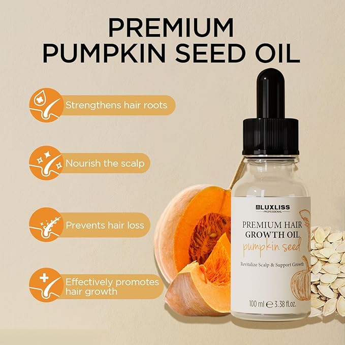 LUXLISS Pumpkin Seed Oil, 2-in-1 Formula Combining Essence and Essential Oil, Easily Absorbed, Non-greasy, Promotes Hair Growth, Deeply Moisturizes the Scalp - 3.38 fl oz