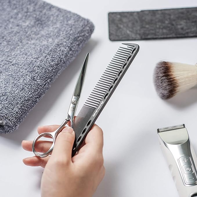 HYOUJIN 605 Black Carbon Fine Cutting Comb 230℃ Heat Resistant Hairdressing Comb Master Barber Combs with fine tooth-14 holes for cutting and hairstyling