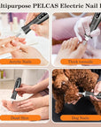 PELCAS Electric Nail Drills, Professional Cordless Nail File Kit With Light, 10 Speeds Manicure & Pedicure Kit For Human, Pet, Thick Toenails, Natural & Acrylic Nails Grey