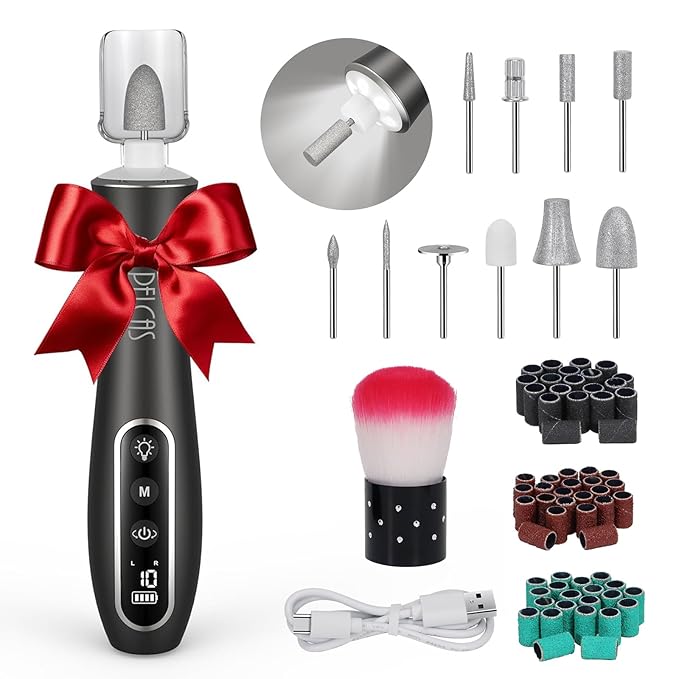 PELCAS Electric Nail Drills, Professional Cordless Nail File Kit With Light, 10 Speeds Manicure & Pedicure Kit For Human, Pet, Thick Toenails, Natural & Acrylic Nails Grey