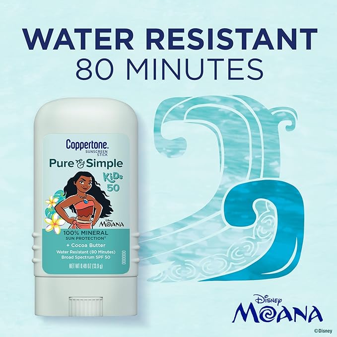 Coppertone Pure and Simple Kids Exclusive Disney Moana Sunscreen Stick SPF 50, Hypoallergenic, Mineral Sunscreen for Kids, Water Resistant, Oxybenzone and Octinoxate Free, 0.49 Oz Stick
