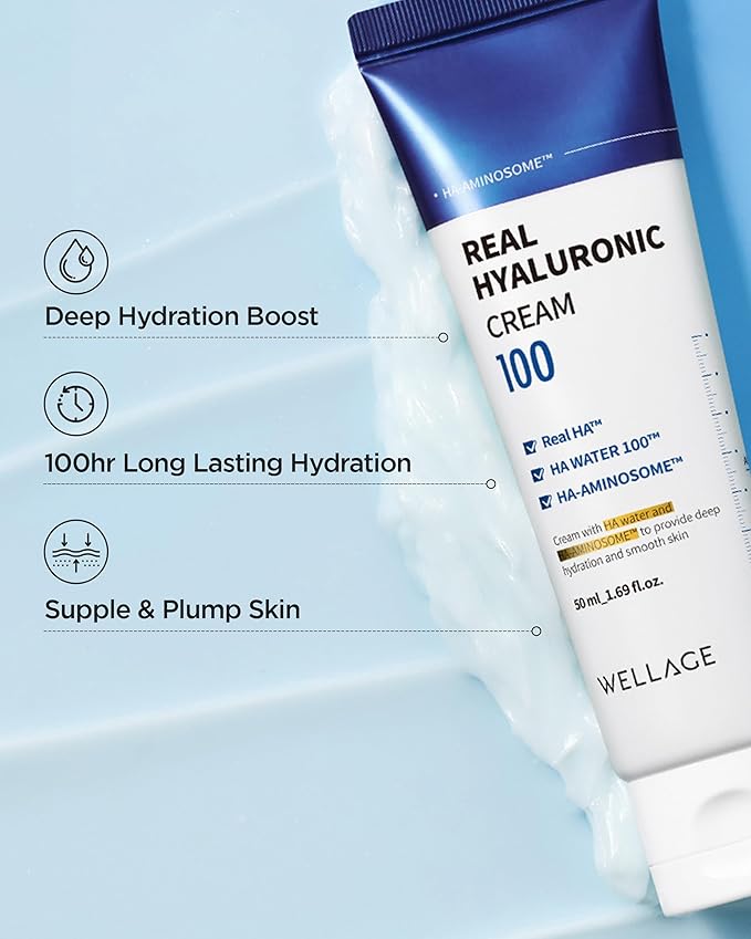 wellage Real Hyaluronic Cream 100-100% Pure Hyaluronic Acid Face Moisturizer - Powerful Moisturizing & Firming for Dry Skin - Lightweight Gel Cream, 2.7oz.