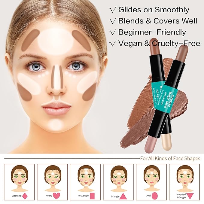 Contour Stick, 2Pcs Dual-Ended Highlighter Makeup Pen & + 03#)