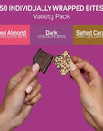 AWAKE - Caffeinated Chocolate Bites - Dark Chocolate Variety Pack (3 Flavors), 50 Bites - Dark, Salted Almond, & Salted Caramel - 50mg Caffeine - Coffee Alternative - Fairtrade, Gluten Free - 0.48oz