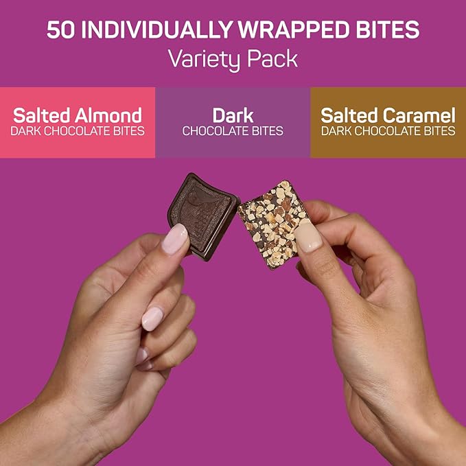 AWAKE - Caffeinated Chocolate Bites - Dark Chocolate Variety Pack (3 Flavors), 50 Bites - Dark, Salted Almond, & Salted Caramel - 50mg Caffeine - Coffee Alternative - Fairtrade, Gluten Free - 0.48oz