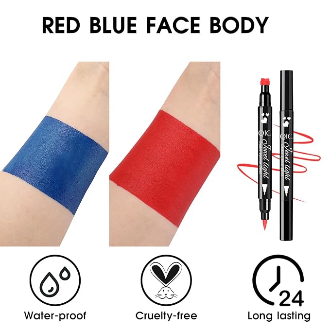 BAD COLOR 3PCS Red Blue Face Body Paint Stick Makeup for Harley/Joker SFX Cosplay & Dress Up, Red Liquid Eyeliner Stamp Pen for Clown Costume Cosplay
