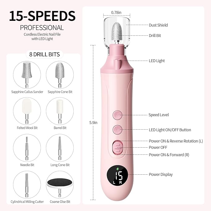 Professional Manicure Pedicure Electric Toenail Grinder Kit - Cordless Electric Nail File Set for Thick Nails Hand Feet Care ,15 Speed,Nail Drill with LED Display Ideal Gift for Men and Women-Pink