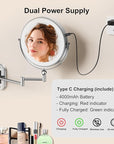 9" Wall Mounted Lighted Makeup Mirror,4000mAh Rechargeable Double Sided 1X/10X Magnifying Mirror with Light,3 Color Lights,Touch Dimmable,Extended Arm 360 Rotation Wall Mounted Makeup Mirror