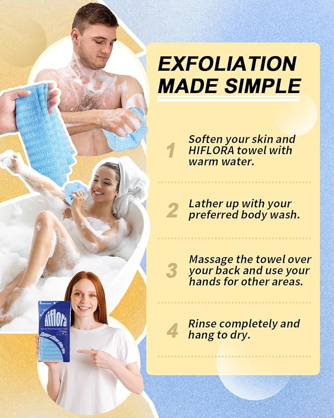 3D Wave Weave Japanese Exfoliating Washcloth, Deep Exfoliating Back Scrubber for Shower, Firm Body Scrub Towel, Korean Style, Ocean (Hard)