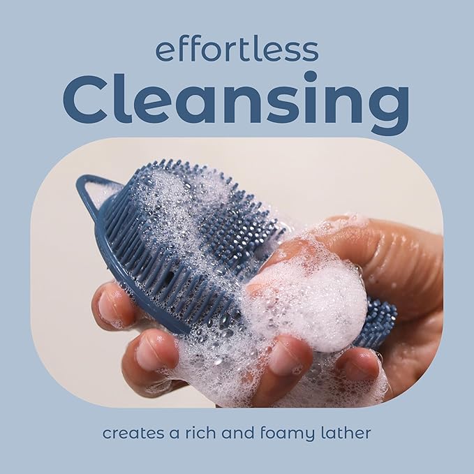 MainBasics Silicone Body Scrubber – Dual-Sided Shower Scrubber with Massage Nodes, Silicone Loofah Alternative for Deep Clean (Dark Blue, Massage)