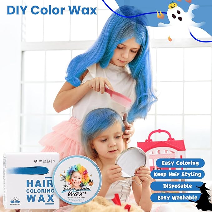 Temporary Blue Hair Color Wax for Kids, Women Men Colored Hair Styling Mud, Washable Style Dye for Girls Boys Teens, DIY Instant Hair Coloring Gel Cream for Cosplay Halloween Children's Day