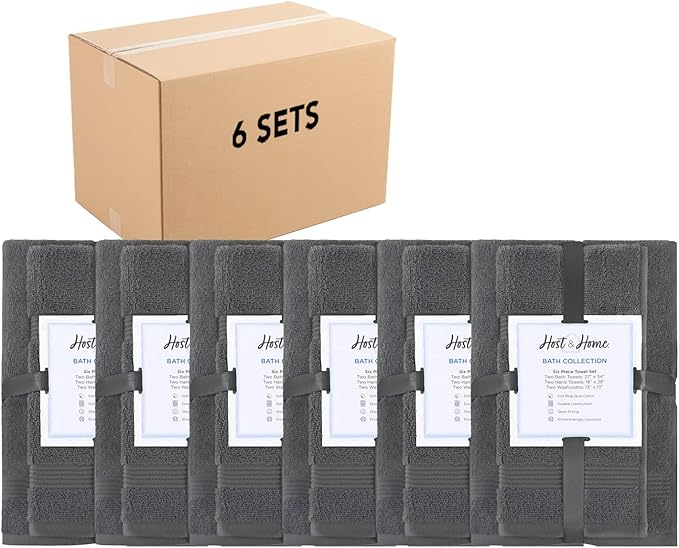 Arkwright 100% Cotton Luxury 36 Piece Bath Towel Sets Bulk - Case of 6 - Soft & Absorbent 600 GSM, Quick-Drying, Perfect for Beach Houses, Hotels, and Rental Properties, Pewter Grey
