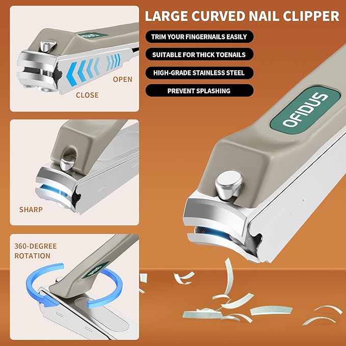 Nail Clippers Set Professional Stainless Steel Manicure Kit with Catcher, Curved & Oblique Clippers, Tweezers, and Nail File in Luxury Leather Case