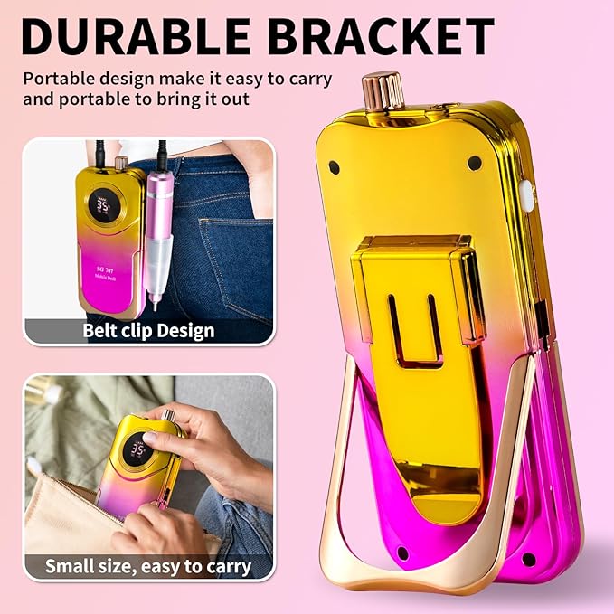 Portable Electric Nail Drill Cordless,35000 RPM Electric Nail File with Holder,Rechargeable Nail Drill E Filer for Nails,Electric Nail Buffer Nail Filer Electric Tool for Women (Gradient Purple Gold)