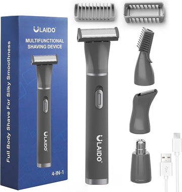 Body Hair Trimmer for Men, 4 in 1 Versatile Hair Trimmer for Groin/Ball/Beard/Eyebrow/Nose/Ear Hair Shaver, USB-C Rechargeable, Mens Grooming Kit for Smooth Shaving with Storage Bag
