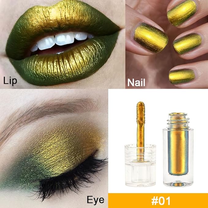 AMY'S DIARY Duochrome MultiChrome Chameleon Liquid Metallic Eyeshadow, High-Impact Multi-Dimensional Finish,Green Gold Silky Smooth and High Pigment Holographic Glitter Eyeshadow Makeup (#01)