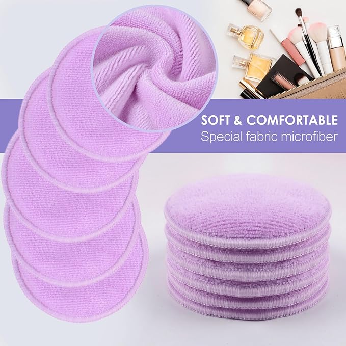 SUNLAND Reusable Makeup Remover Pads for Face,Eye,Lips 16 Pack Microfiber Face Cleansing Gloves Washable with Laundry Bag and Travel Bag Rounds Toner Pads（Round 3.15inchx16 Purple）