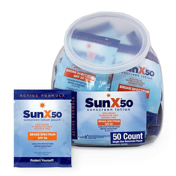 CoreTex Sun X 50 SPF Broad Spectrum Sunscreen Packets - Fishbowl Pack of 50 Paraben, Oxybenzone, Octinoxate, & Oil Free Sunscreen - No White Cast and Water Resistant Up to 80 Minutes