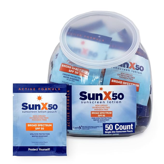 CoreTex Sun X 50 SPF Broad Spectrum Sunscreen Packets - Fishbowl Pack of 50 Paraben, Oxybenzone, Octinoxate, & Oil Free Sunscreen - No White Cast and Water Resistant Up to 80 Minutes