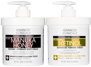 Advanced Clinicals Unscented Retinol Body Lotion & Face Moisturizer + Manuka Honey Body Cream For Women & Men | 2PC Skincare Set Helps Reduce Appearance Of Crepey Skin + Extremely Dry Skin, 2pc Set