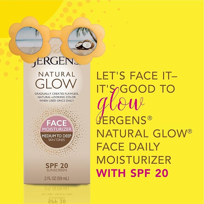Jergens Natural Glow Self Tanner Face Moisturizer with SPF 20 Facial Sunscreen, Medium to Deep Skin Tone, Sunless Tanning, Oil Free, Broad Spectrum Protection UVA and UVB, 2 oz (Packaging May Vary)