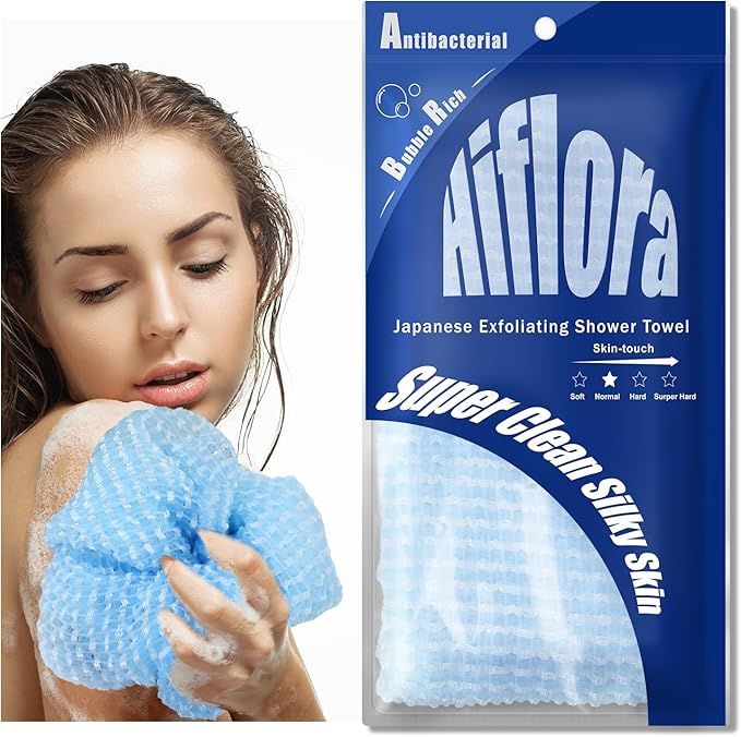 3D Wave Weave Japanese Exfoliating Washcloth, Long Exfoliating Back Scrubber for Shower, Hygienic Body Scrub Towel, Korean Style, Aqua (Normal)