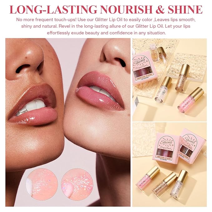 3Pcs Glitter Lip Oil,Moisturizing Lip Glow Oil Big Brush Head Long Lasting Hydrating Shimmery Transparent,Glass Lip Glow Oil Non-sticky Shiny Primer Plumping Lip Gloss