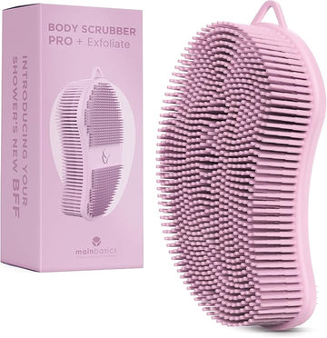 MainBasics Silicone Body Scrubber – Dual-Sided Shower Exfoliator for Men & Women, Gentle Silicone Loofah Alternative for Deep Clean (Pink, Exfoliate)