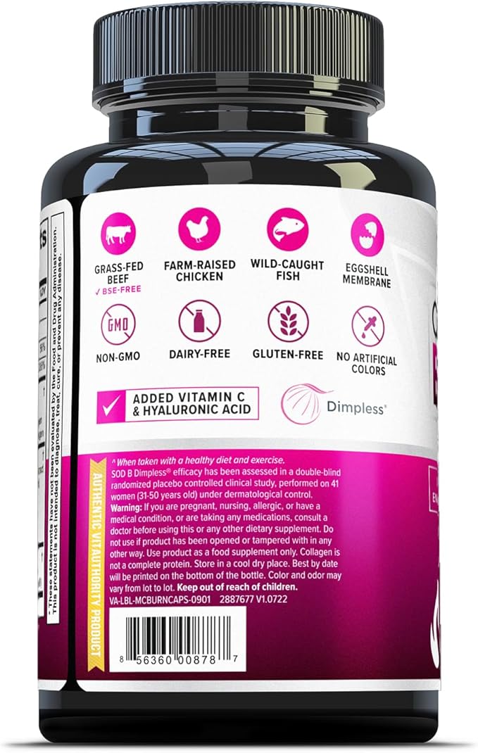 Multi Collagen Burn: Multi-Type Hydrolyzed Protein Peptides with Hyaluronic Acid, Vitamin C, SOD B Dimpless, Types I, II, III, V and X, Caffeine-Free (Unflavored Capsules)
