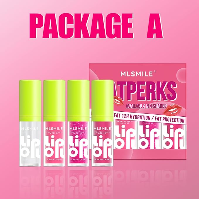 4 Colors Fat Lip Oil Set, Big Brush Head Hydrating Lip Glow Oil Lip Plumper Gloss, Shiny Transparent Lip Gloss Tinted Plumping Lip Oils, Non-sticky Long Lasting Fresh Clear Smooth Lip Care - A