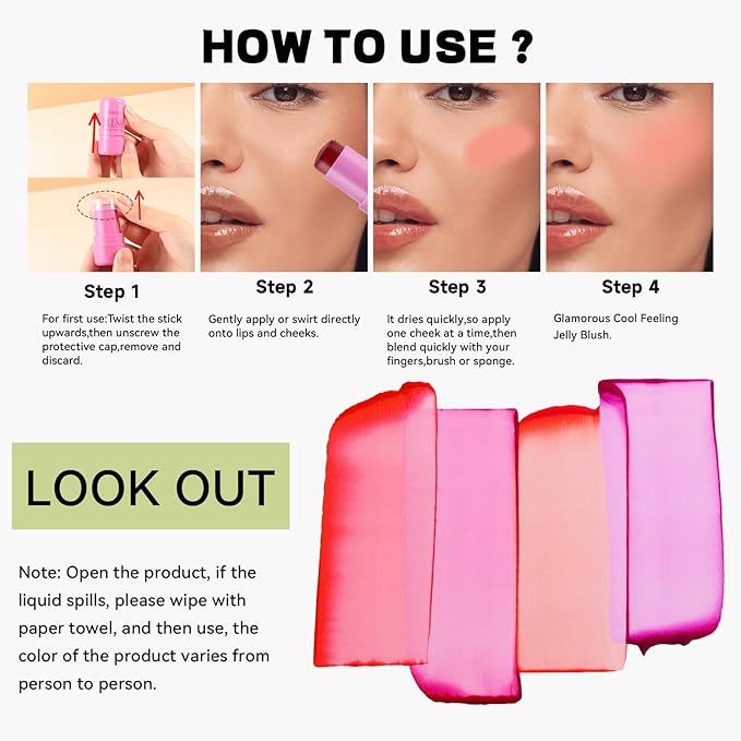 4 Color Milk Jelly Blush Stick, Cooling Water Cruelty Free.