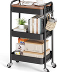 TOOLF 3-Tier Rolling Cart with Table Top, Metal Storage Cart on Wheels, Utility Organizer with Wooden Tray, Lockable Casters, Easy Assembly for Bathroom, Living Room, Office, Kitchen, Black