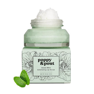 Poppy & Pout Natural Lip Scrub, Moisturizing Sugar Scrub for Dry Lips, Lip Scrubber Exfoliator with Essential Oils Smooths and Hydrates Lips, In Recyclable Glass Jars, Cruelty Free - Sweet Mint