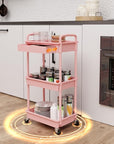REBECAT 3 Tier Rolling Utility Cart with Drawer,Storage Cart,Rolling Cart for Kitchen,Bathroom,Living Room,Storage Organizer with Iron Wheels（Pink