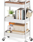 TOOLF 3-Tier Rolling Cart with Table Top, Metal Storage Cart on Wheels, Utility Organizer with Wooden Tray, Lockable Casters, Easy Assembly for Bathroom, Living Room, Office, Kitchen, White