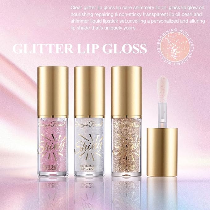 3Pcs Glitter Lip Oil,Moisturizing Lip Glow Oil Big Brush Head Long Lasting Hydrating Shimmery Transparent,Glass Lip Glow Oil Non-sticky Shiny Primer Plumping Lip Gloss
