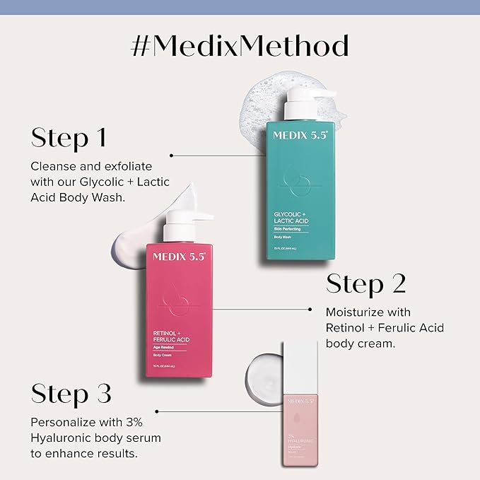 Medix 5.5 Anti Aging Skin Care 3PC Set | Retinol Body Cream + Exfoliating AHA Glycolic Acid Foaming Face Wash & Body Wash + Hyaluronic Acid Serum Booster, Wash + Treat + Hydrate Skincare Set, 3PC Set