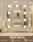 Gold Hollywood Vanity Mirror with Lights, 9 Dimmable Bulbs, 3 Color Lights,Make Up Lighted Mirror, 10x Magnification 360°Rotation(12" x 14")