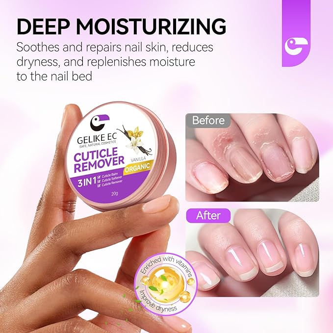 gelike ec Organic Nail Cuticle Remover for Salon: Vanilla 3 In 1 Natural Cuticle Softener Exfoliator Moisturizer for Professional Manicure
