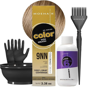 MOEHAIR Hair Coloring Kit | 9NN Permanent Hair Color (Very Light Blonde Intense), 20 Volume Developer 6%, Coloring Brush, Gloves & Mixing Bowl| Keratin Infused Color | Gray Coverage | Adds Shines