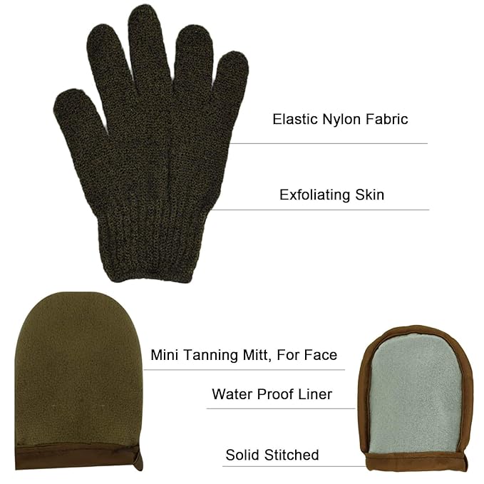 5-Piece Self Tanning Mitt Set with Tan Applicator Mitts, Face Mitt, Exfoliating Glove, for Bronze Tan