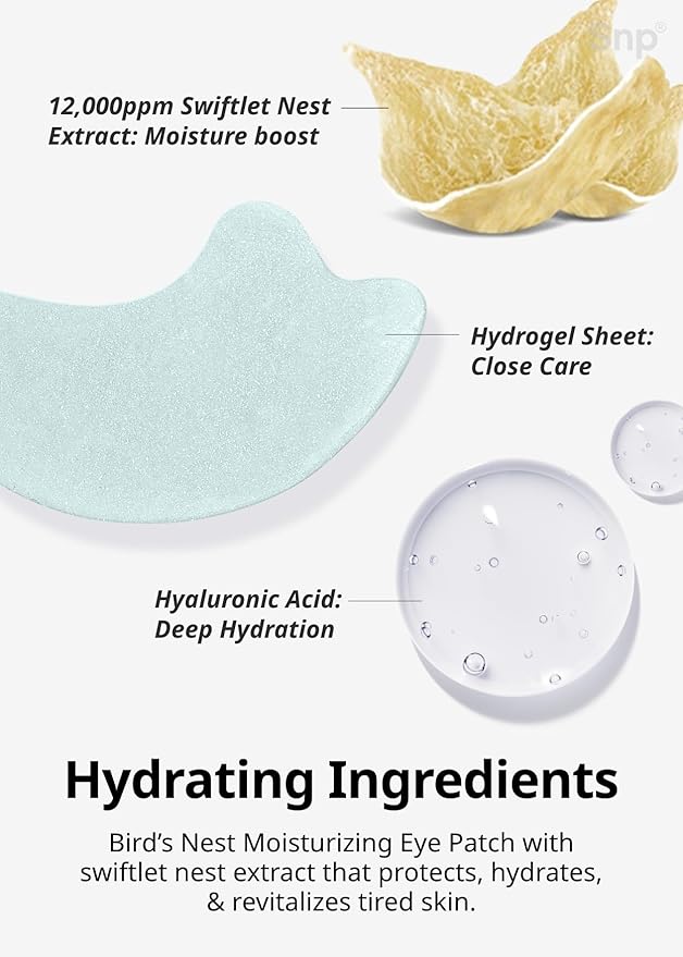 SNP [K Beauty Bird's Nest Aqua Moisturizing Eye Patch | Hydrating and Cooling for All Skin Types | Maximum Hydration Eye Patches | Korean Skincare Eye Mask | 60 Patches